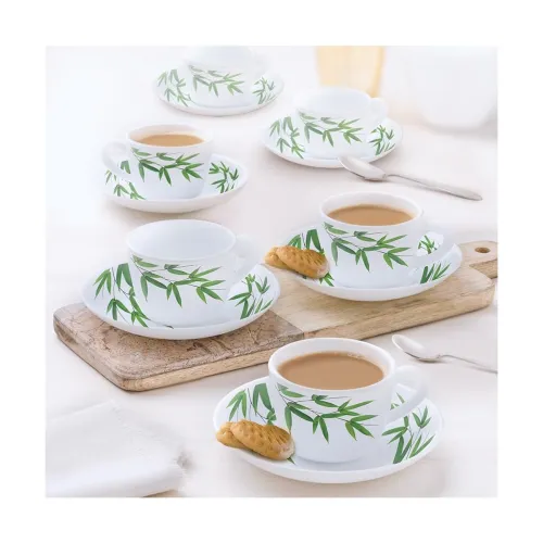 Image of Larah by Borosil Bamboo Leaves Opalware Cup and Saucer Set of 12 pcs 
