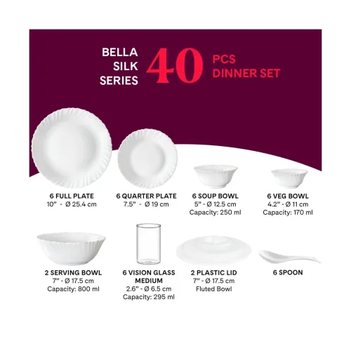 Image of Larah By Borosil Bella Silk Series Opalware Dinner Set with Glasses, 40 Pieces for Family of 6