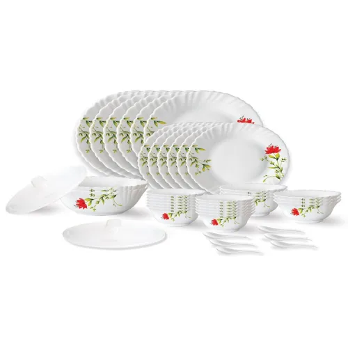 Image of Larah by BOROSIL Fluted Oriental White 40 Pieces Printed Opalware Glossy Dinner Set