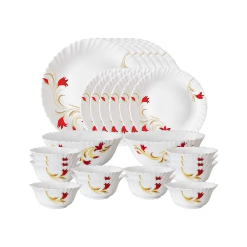 Image of Larah by Borosil Fluted Series Red Lily Opalware Dinner Set 28 Piece