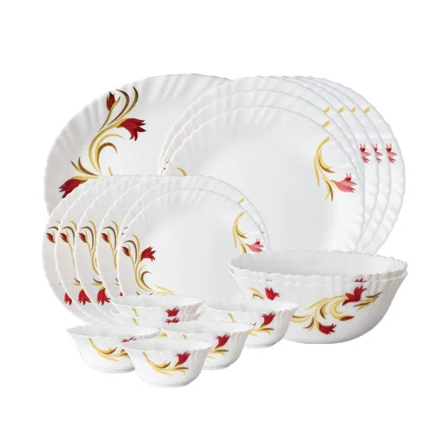 Image of Larah by Borosil Fluted Series Red Lily Opalware Dinner Set | 21 Piece