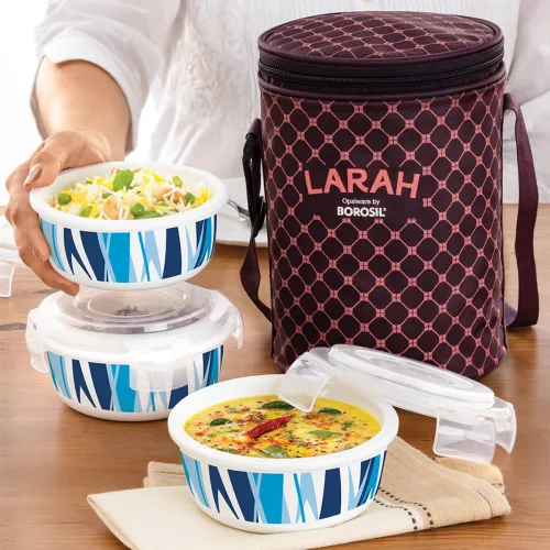 Image of Larah by Borosil Geo Blue Opalware Lunch Box, 400ml * 3 containers.