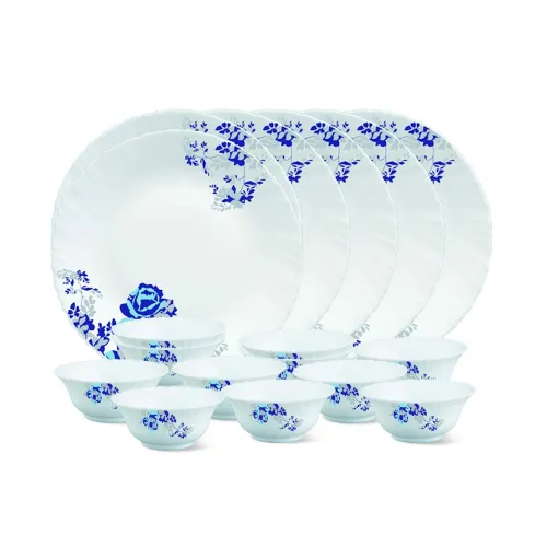 Image of Larah by Borosil Glass Blue CascadeThali Set (White) - 18 Pieces