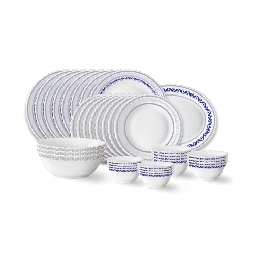 Image of Larah by Borosil Jazzblue Fluted Series Opalware Dinner Set | 36 Pieces for Family of 8 |