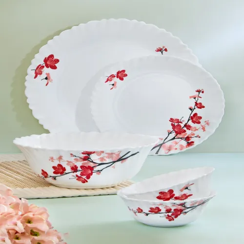 Image of Larah by BOROSIL Jupiter White & Red 17 Pieces Printed Dinner Set