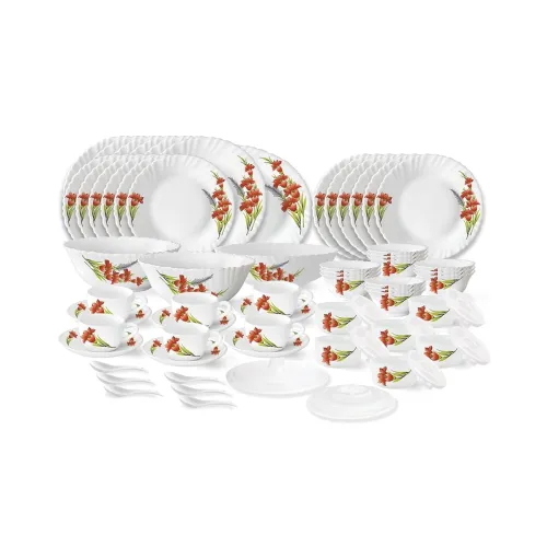 Image of Larah by Borosil Red Iris Fluted Series Opalware Dinner Set | 66 Pieces