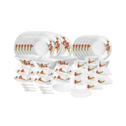 Larah by Borosil Red Iris Fluted Series Opalware Dinner Set | 66 Pieces