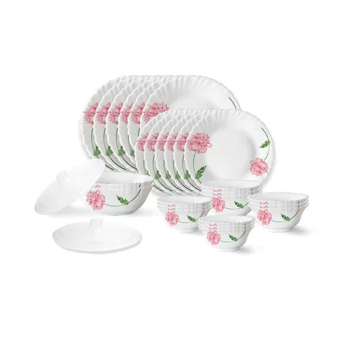 Image of Larah by Borosil Red Mist Fluted Series Opalware Floral Dinner Set
