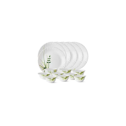 Image of Larah by Borosil Glass Green HerbsThali Set (White) - 18 Pieces