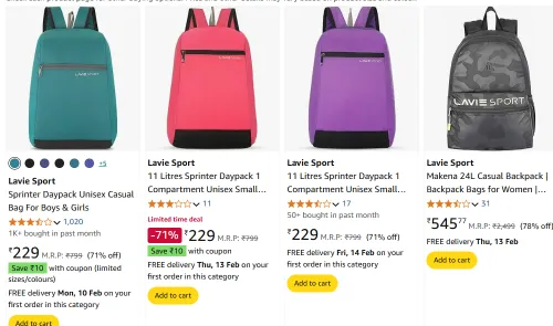 Image of Lavie Sport Sprinter Daypack Unisex Casual Bag For Boys & Girls Starting Price @₹229