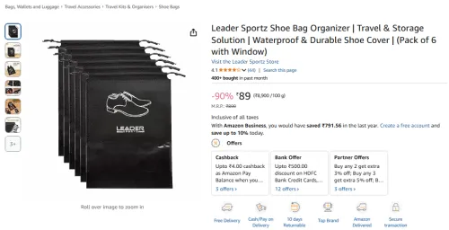 Image of Leader Sportz Shoe Bag Organizer (Pack of 6 with Window)