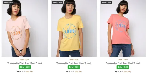 Image of LEE COOPER Brand Typographic Print Crew-Neck T-shirt Starting @ ₹120