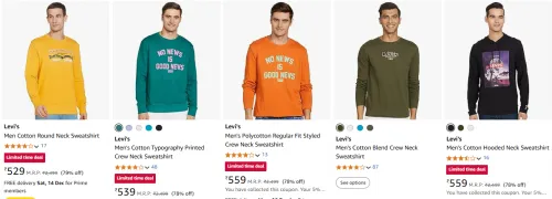 Image of Levi's Men Cotton Round Neck Sweatshirt up to 79% Discount