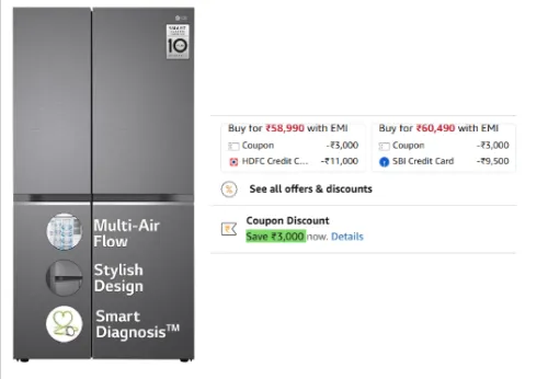 Image of LG 655 L Frost-Free Smart Inverter Double Door Side-By-Side Refrigerator (GL-B257HDSY)