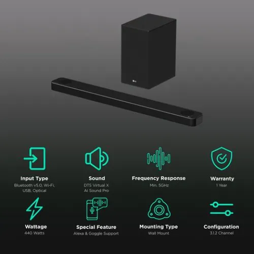 Image of LG SP8A.DINDLLK 440W Bluetooth Soundbar with Remote (Dolby Atmos, 3.1.2 Channel, Black)