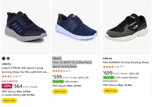Image of Liberty Mens Sports Lacing Shoes Starting Price At ₹564