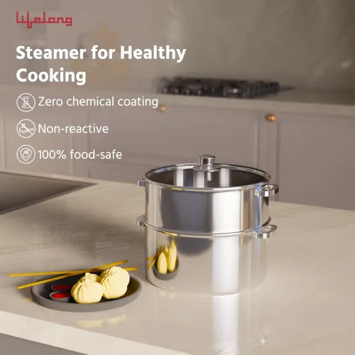 Image of Lifelong 2-Tier Steamer/Momo/Modak Maker | Induction Compitable with Glass Lid & Riveted Handles |.