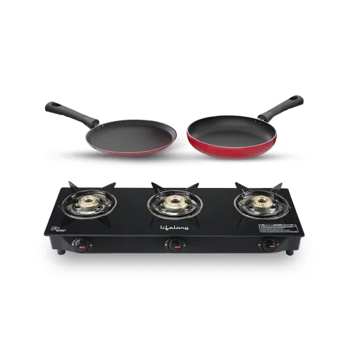 Image of Lifelong 3 Burner Gas Stove with Dosa Tawa and Fry Pan Combo