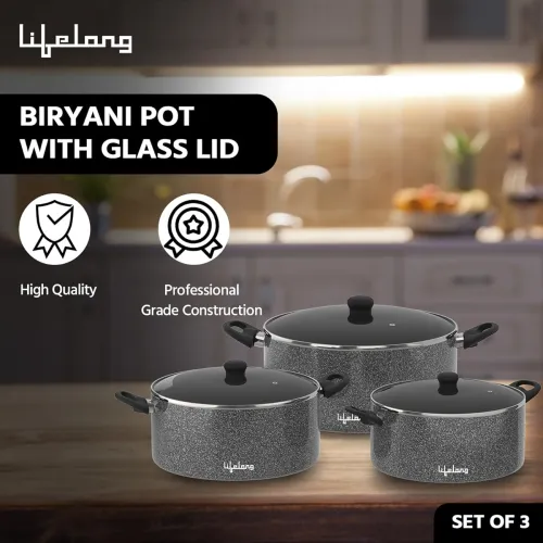 Image of Lifelong Biryani Pot with Glass Lid | Set of 3 | Biryani Pot, Induction Base Casserole Set |