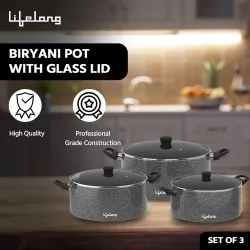 Lifelong Biryani Pot with Glass Lid | Set of 3 | Biryani Pot, Induction Base Casserole Set |