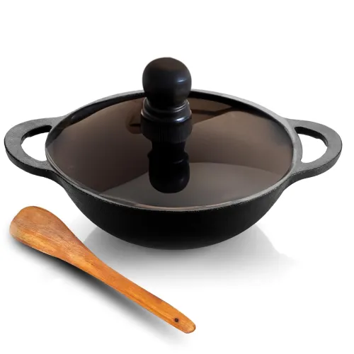Image of Lifelong Cast Iron Kadhai 24cm with Glass Lid & Wooden Spatula