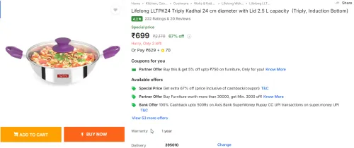 Image of Lifelong LLTPK24 Triply 24 cm Kadhai with Lid, 2.5 L