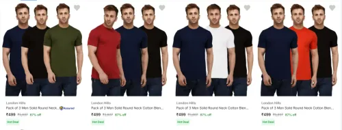 Image of London Hills Pack of 3 Men Solid T-shirt at Minimum 76% Discount