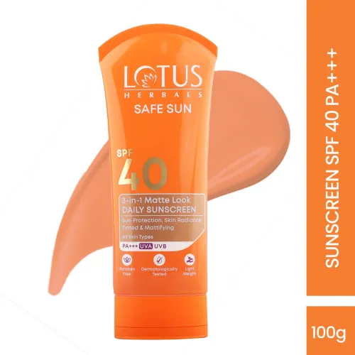 Image of Lotus Herbals SafeSun 3‑in‑1 Matte‑Look Daily Sunscreen SPF 40 PA+++ – 100 g