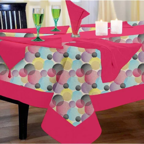 Image of Lushomes dining table cover 6 seater set, Circles Printed 6 Seater Small Cotton Table Linen Set