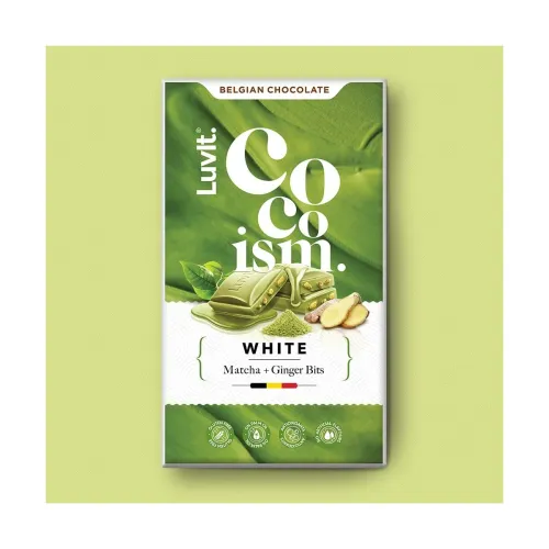 Image of LuvIt. Cocoism Belgian White Chocolates Green Matcha With Ginger Bits 90g