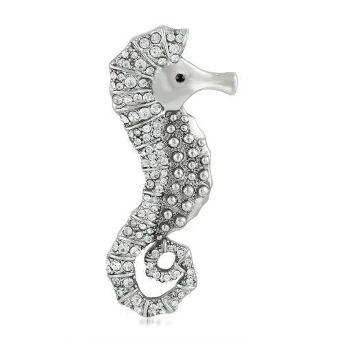Image of Mahi Rhodium Plated Gleaming Crystal Sea Horse Unisex Lapel