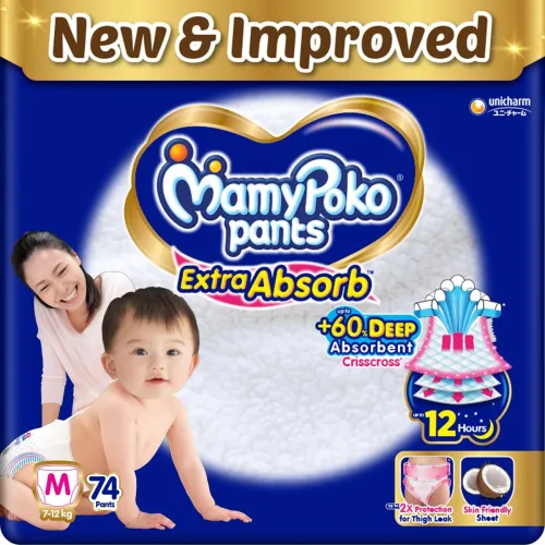 Image of MamyPoko Pants Extra Absorb Baby Diapers, Medium (M size) | 7-12 kg | 74 Count |