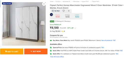 Image of Flipkart Perfect Homes Manchester Engineered Wood 3 Door Wardrobe