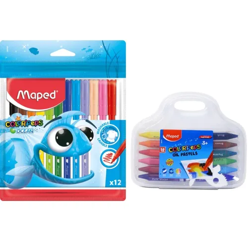 Image of MAPED Colouring Kit - 2Pcs Set Washable Felt Tip Pen X12 Shades Oil Pastels 12 Shades | 