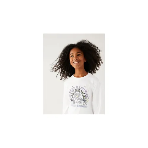 Image of Marks & Spencer Girls Slogan Printed Cotton Round Neck Regular Fit Top