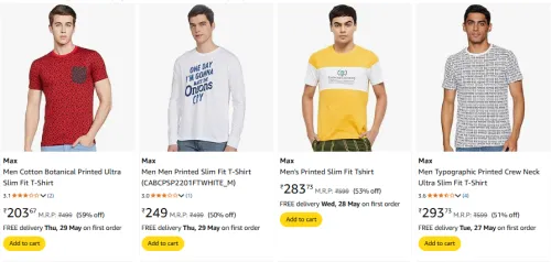 Image of Max Men Slim Fit T-Shirt Starting @ ₹203
