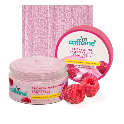 Image of mCaffeine Brightening Raspberry Body Scrub | Tan Removal | AHAs - Lactic & Glycolic Acid, Niacinamide | Vitamin C Rich f