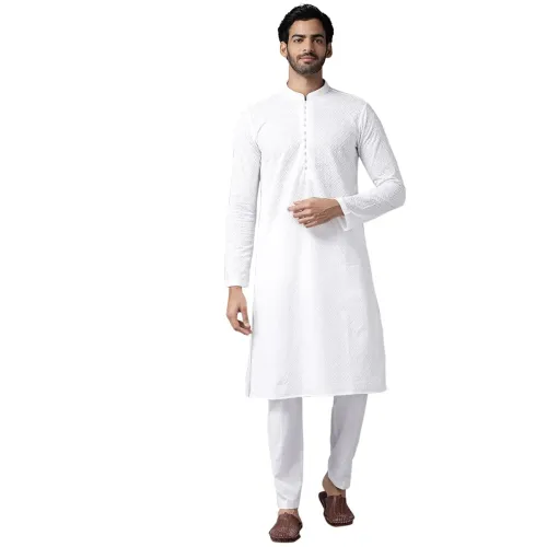 Image of Mens Kurta White Cotton Embroidered Kurta Pajama Set
