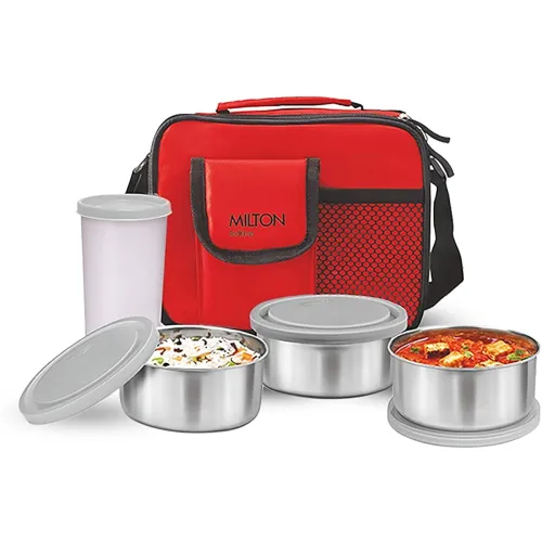 Image of MILTON Steel Combi Lunch Box (Red, 3 Steel + 1 Tumbler)