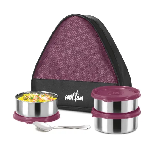 Image of MILTON Trident Stainless Steel Lunch Box (3 Leak Proof Round Containers, 320 ml Each, 1 Spoon)