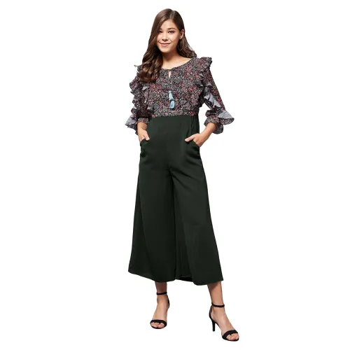 Image of Miss Chase Green Printed Ruffled Jumpsuit