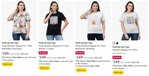 Image of Mode By Red Tape Women's Regular Fit T-Shirt at Minimum 80% Discount