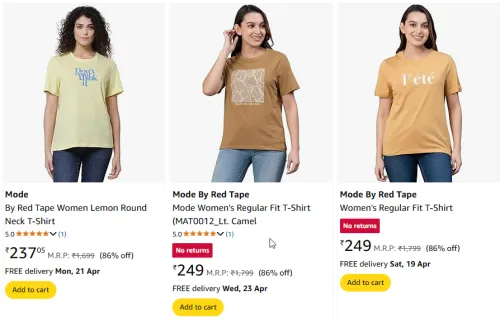 Image of Mode By Red Tape Women Round Neck T-Shirt Starting Price At @ ₹237
