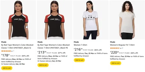 Image of Mode By Red Tape Women's Classic T-Shirt Starting Price At ₹178