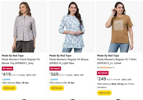 Image of Mode By Red Tape Brand Women's T-shirt @ Flat 86% Discount | Start ₹249