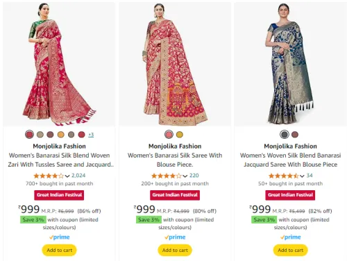 Image of Monjolika Fashion Women's Banarasi Silk Blend Saree Minimum 80% Discount