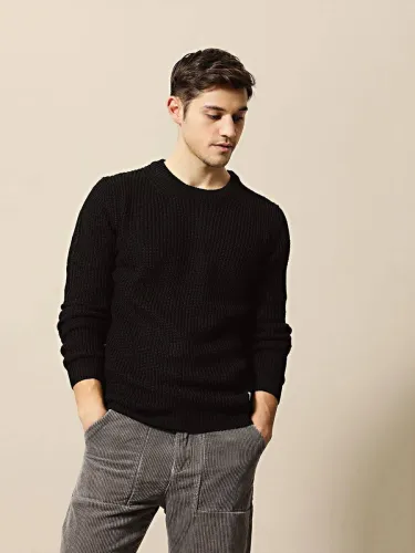 Image of Mr Bowerbird Men Self Design Round Neck Black Sweater