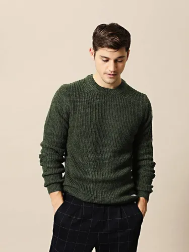 Image of Mr Bowerbird Men Solid Round Neck Dark Green Sweater
