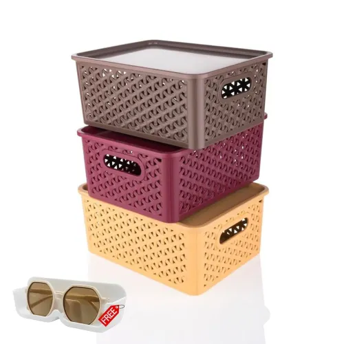Image of Multipurpose Solitaire Storage Basket with Lid | Free 1 Wall Eyeglasses Holder |Multipurpose | Pack of 3 | Multicolor.