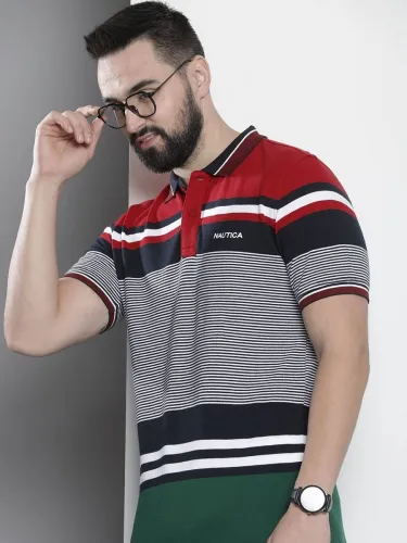 Image of NAUTICA Men Striped Polo Neck Pure Cotton Red T-Shirt